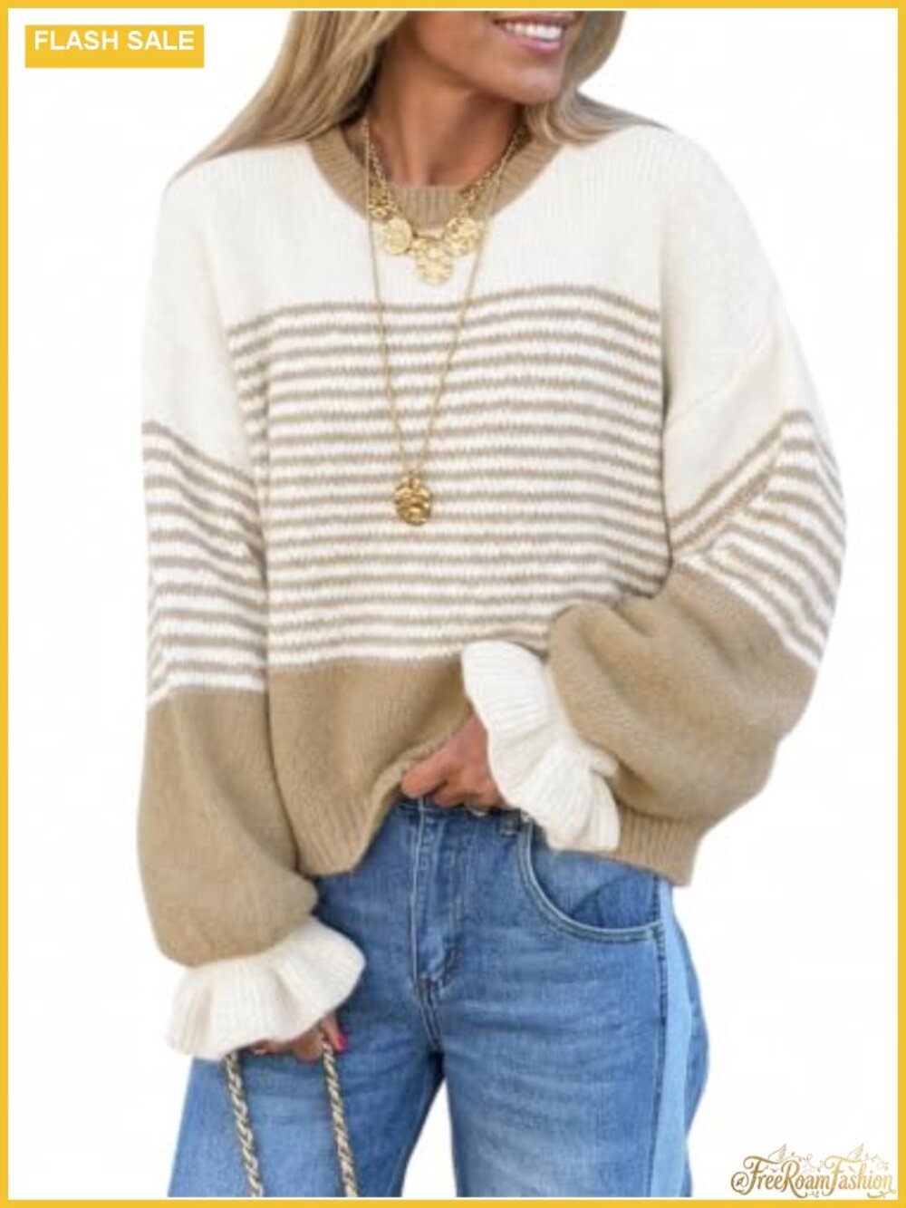 Striped Ruffle Sleeve Pullover Sweater Slouchy Color Block Knit